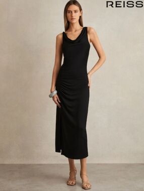 REISS Paige Cowl-Neck Ruched Jersey Midi Dress in Black Size 4